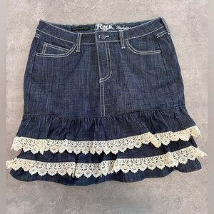Y2K Style Wranger Rock Women's Denim Skirt with Lace Trim